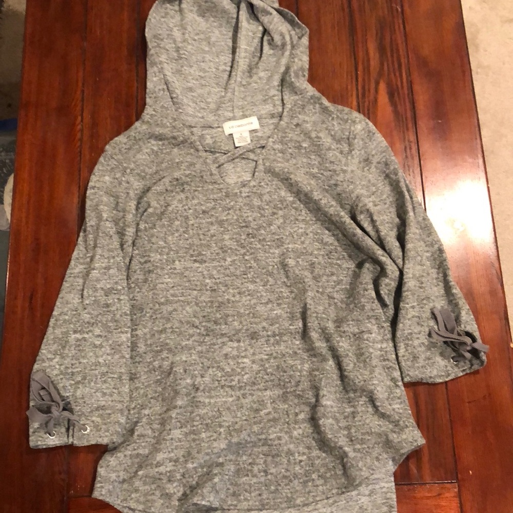 Fuzzy lace up grey hooded sweater